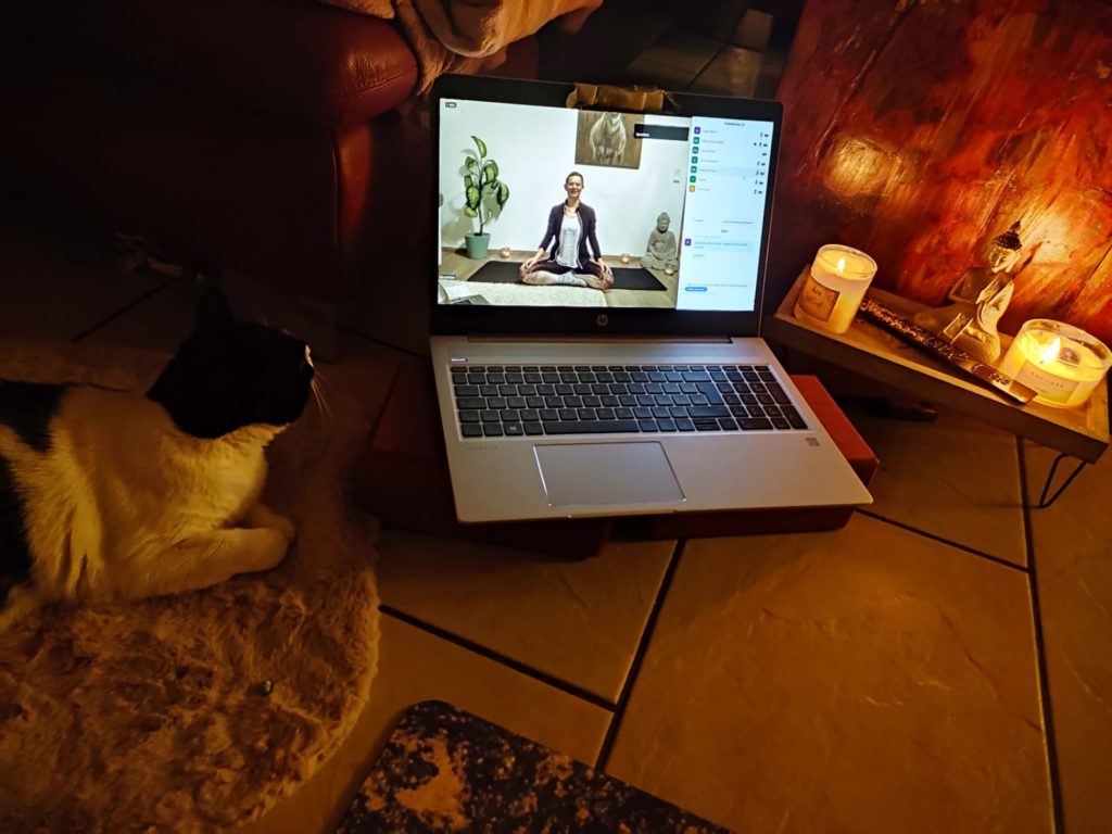 Ein Bildschirm mit Elke bei einer Online Yoga Stunde, daneben sitzt eine Katze und es brennen Kerzen